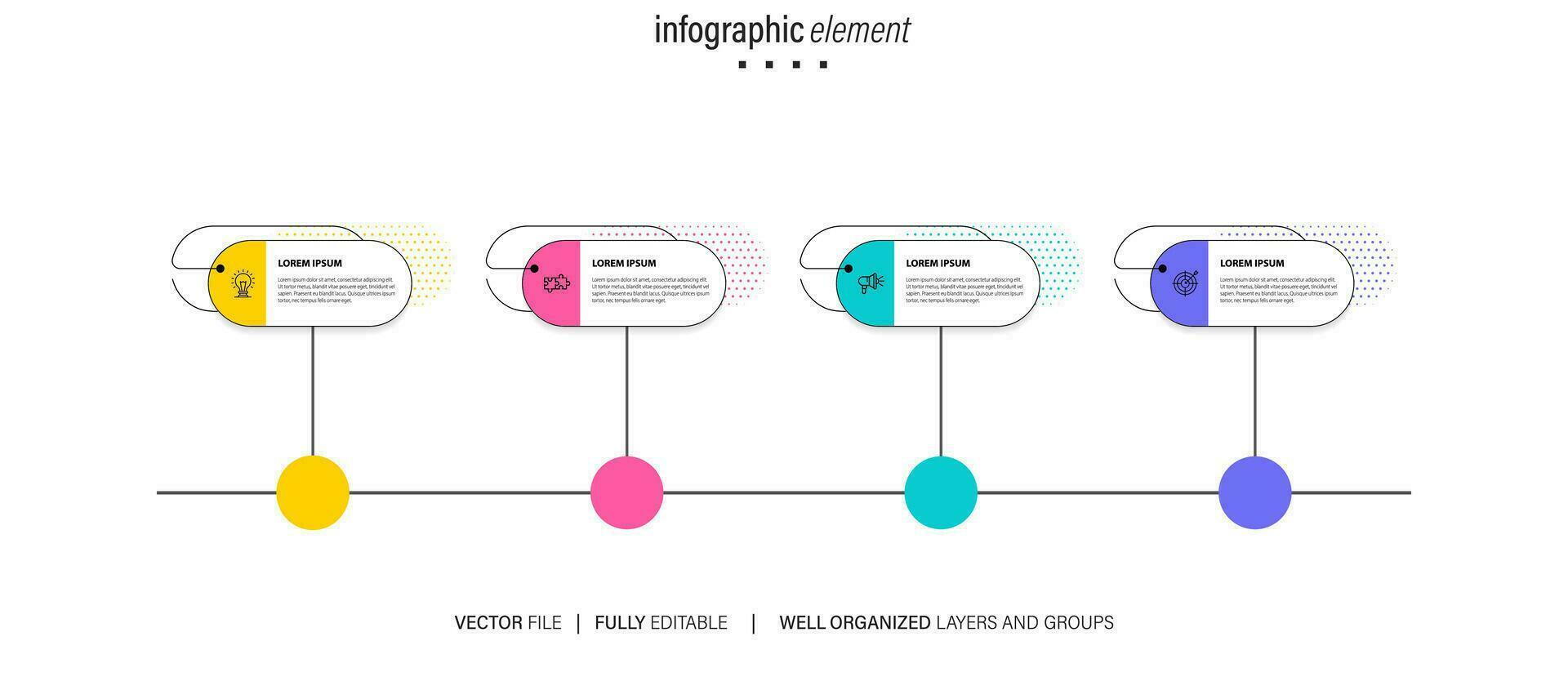 Business Infographics template.Timeline with 4 steps, circles, options and marketing icons. Vector linear infographic elements.