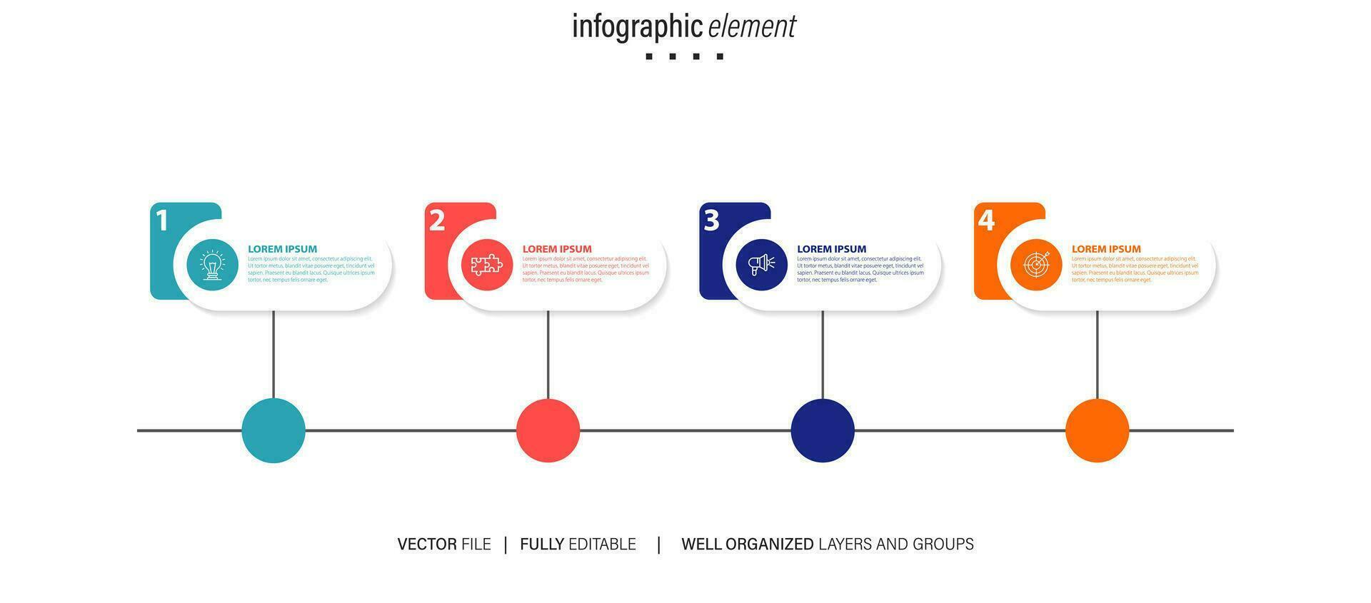 plantilla infográfica vectorial con etiqueta de papel 3d, círculos integrados. concepto de negocio con 4 opciones. para contenido, diagrama, diagrama de flujo, pasos, partes, infografías de línea de tiempo, flujo de trabajo, gráfico. vector