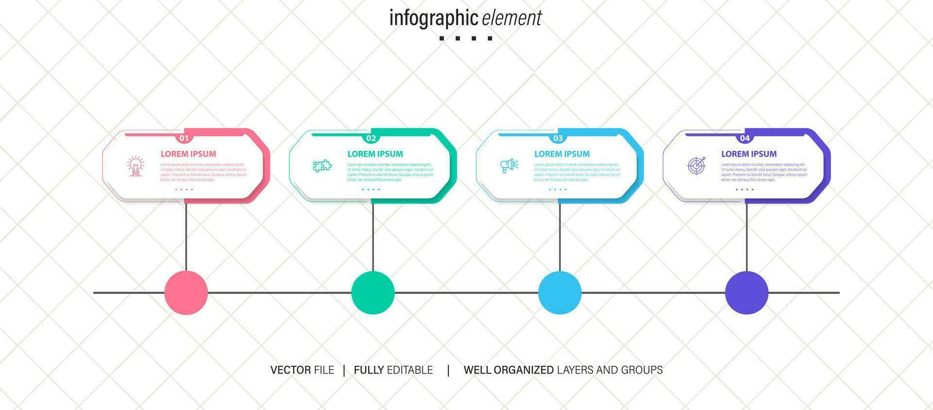 Timeline infographic with infochart. Modern presentation template with 4 steps for business process. Website template on white background for concept modern design. Horizontal layout. vector