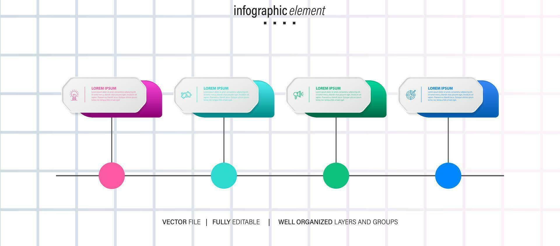 Timeline infographic with infochart. Modern presentation template with 4 steps for business process. Website template on white background for concept modern design. Horizontal layout. vector