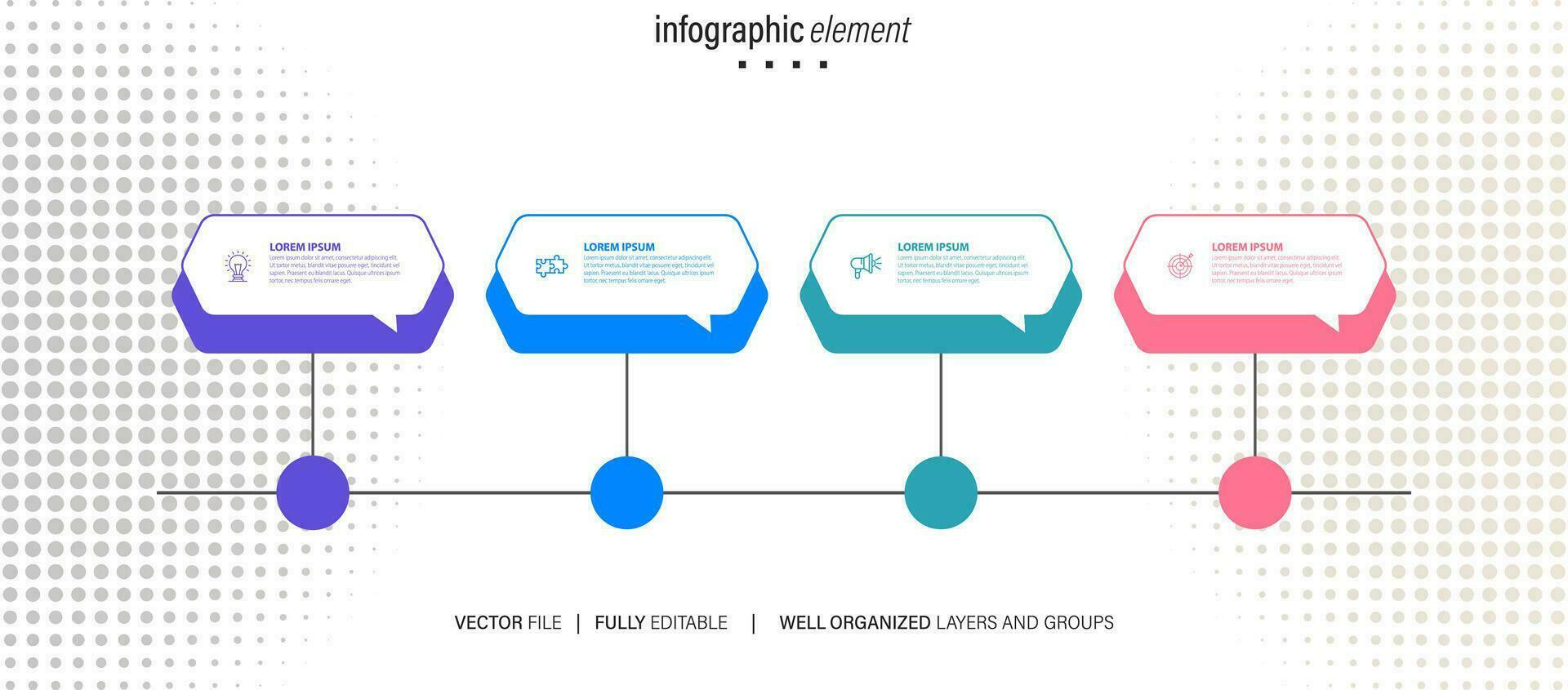 Timeline infographic with infochart. Modern presentation template with 4 steps for business process. Website template on white background for concept modern design. Horizontal layout. vector