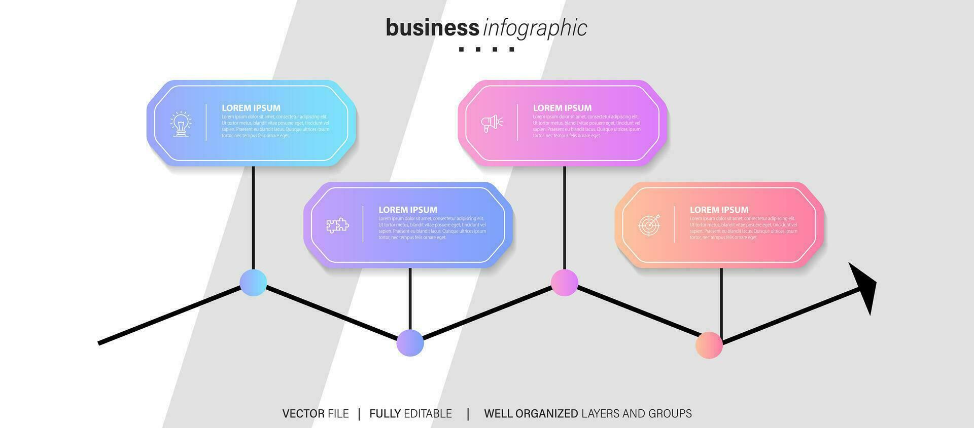 plantilla de infografía empresarial. línea de tiempo con 4 pasos, círculos, opciones e iconos de marketing. elementos infográficos lineales vectoriales. vector