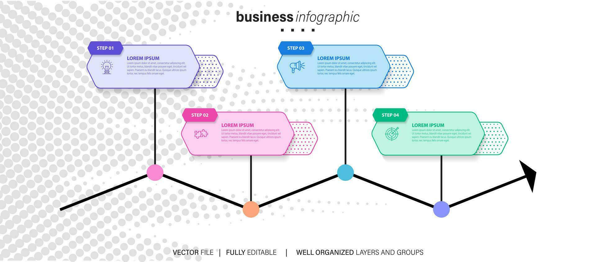 Business infographic element process template design with icons and 4 options or steps. Vector illustration.
