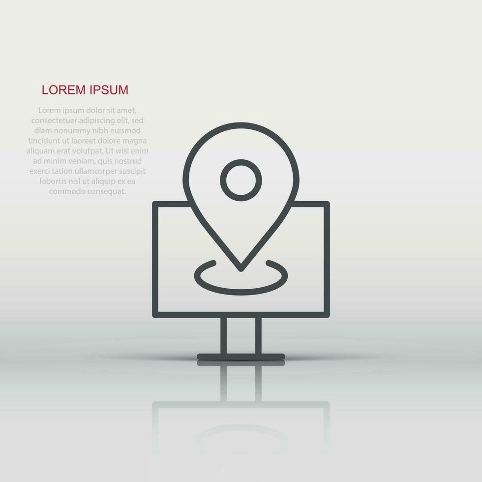 Computer navigation icon in flat style. Monitor pin gps vector illustration on white isolated background. City area location business concept.