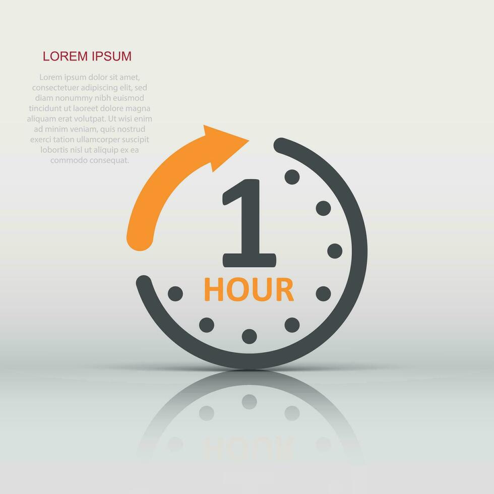 1 hour clock icon in flat style. Timer countdown vector illustration on isolated background. Time measure sign business concept.