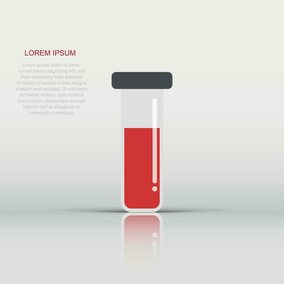 sangre en el icono del tubo de ensayo al estilo plano. matraz de laboratorio ilustración vectorial sobre fondo aislado. líquido en el concepto de negocio de signo de vaso de precipitados. vector