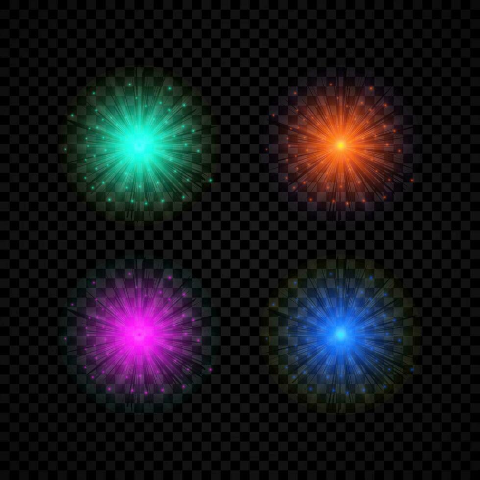 Light effect of lens flares. Set of four green, orange, purple and blue glowing lights starburst effects with sparkles vector