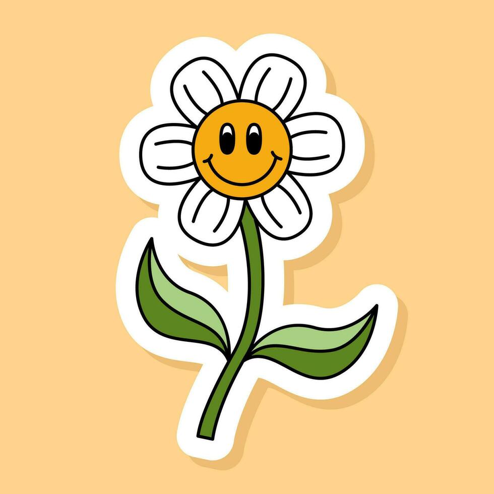 Vector Retro Smiling Chamomile sticker isolated on yellow background. 70s style cartoon icon white contour