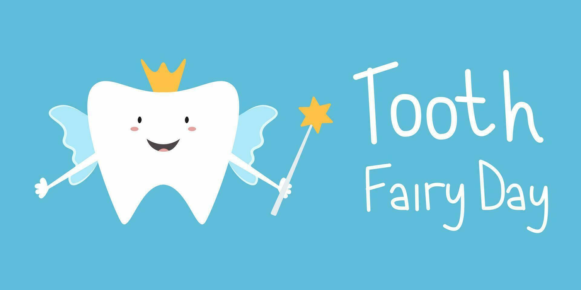 Cartoon Tooth fairy Vector illustration. National Tooth Fairy Day with handwritten text for flyer, banner, Card