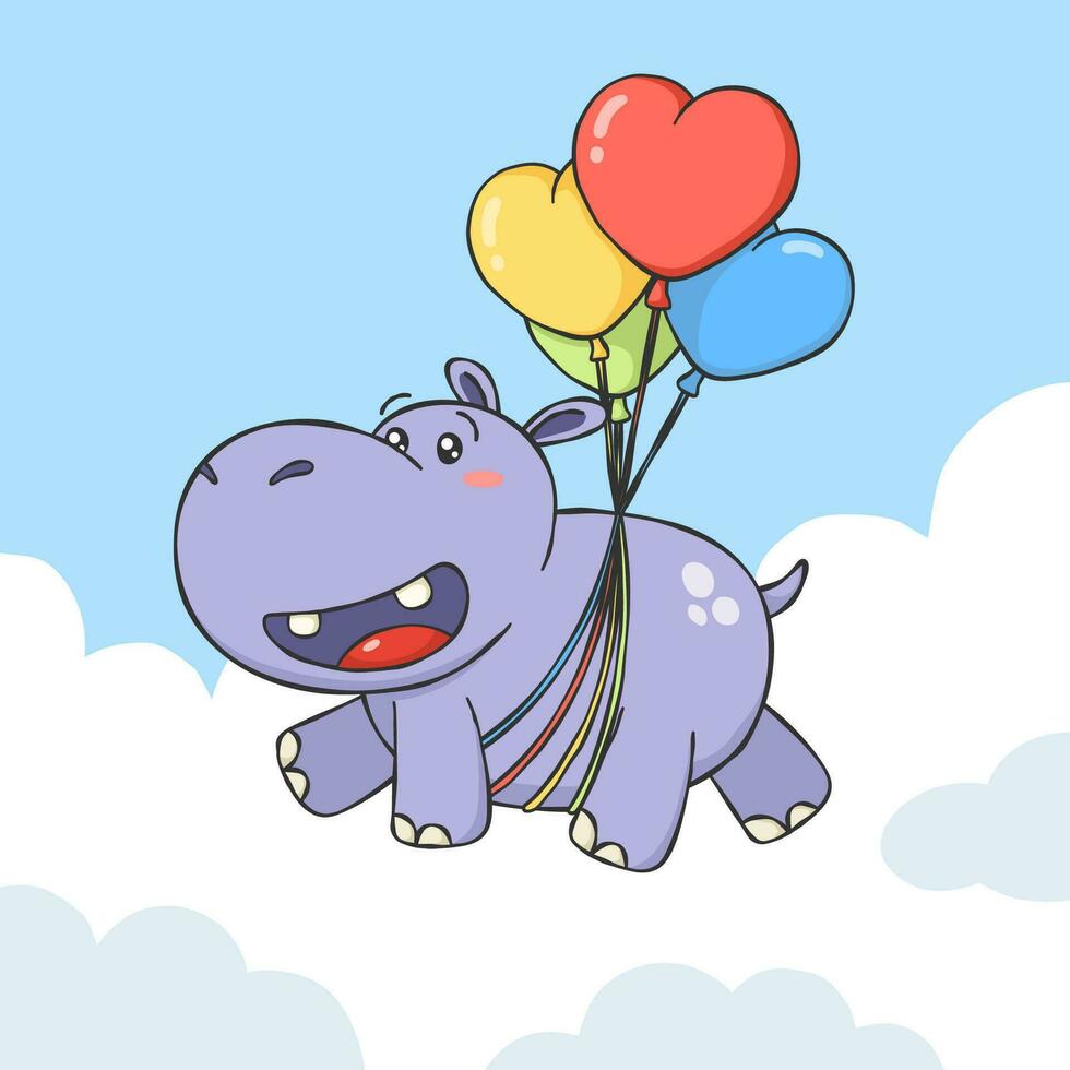 Cute Hippopotamus Cartoon Character With Heart Balloons vector