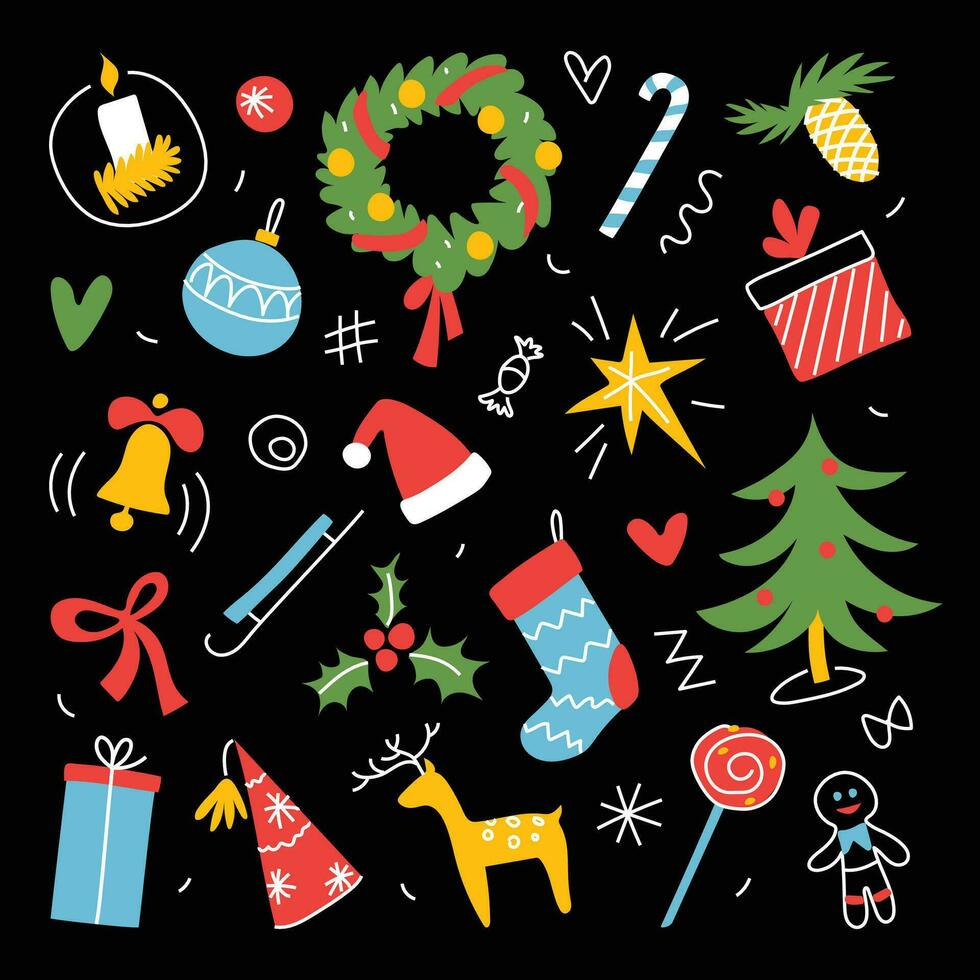 Christmas set, doodles, freehand drawing, black background vector