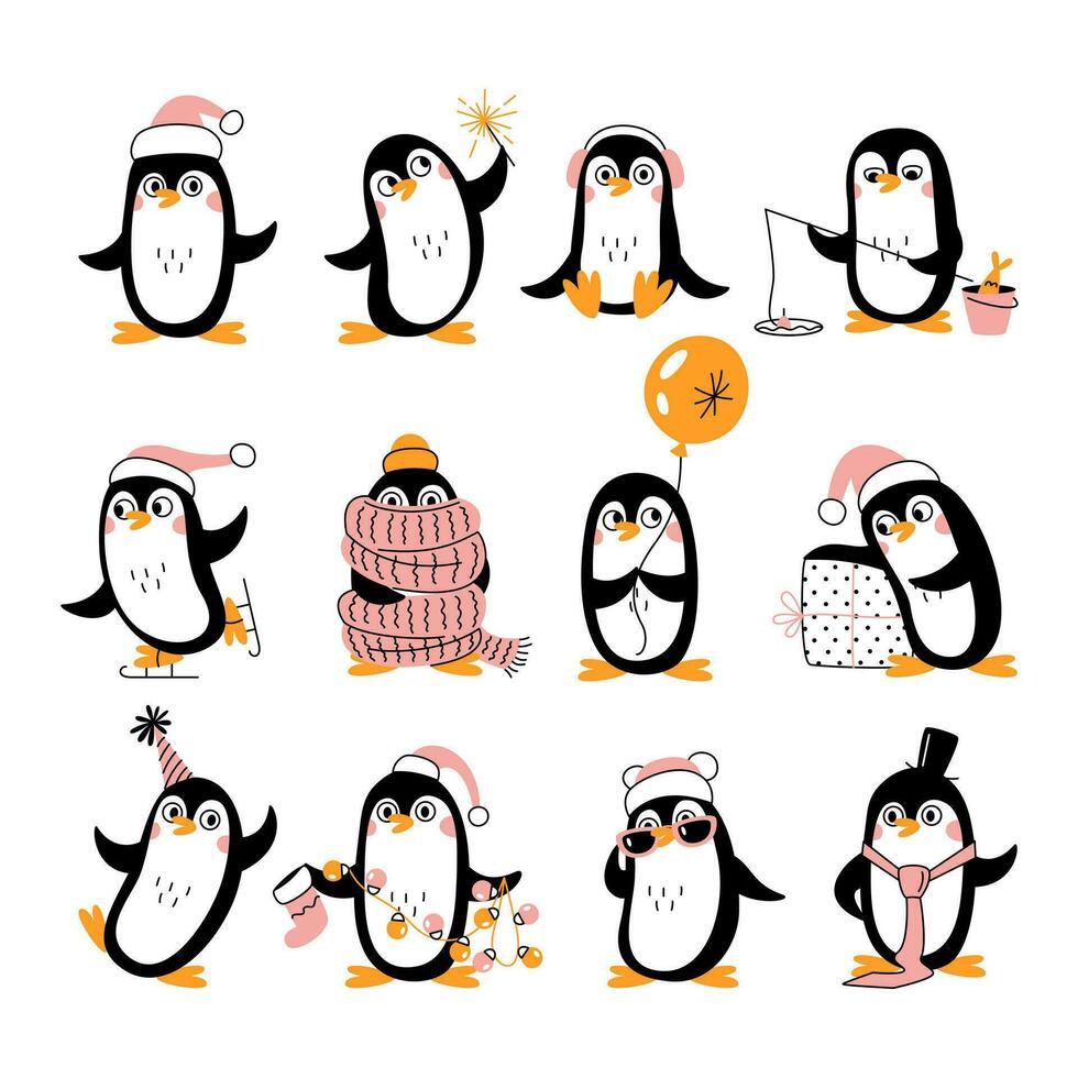 A set of cute penguins in different poses. Happy animals. Vector flat doodle illustration