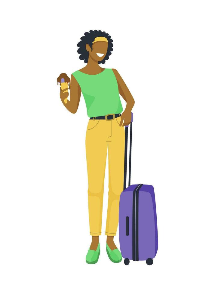 Travel and tourism concept. A black woman with ice cream stands near a suitcase. Flight waiting. Cartoon vector illustration