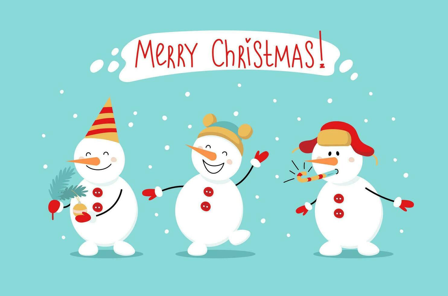 Merry Christmas. Cheerful cute snowmen for greeting card, banner, poster. Vector cartoon illustration in flat style.