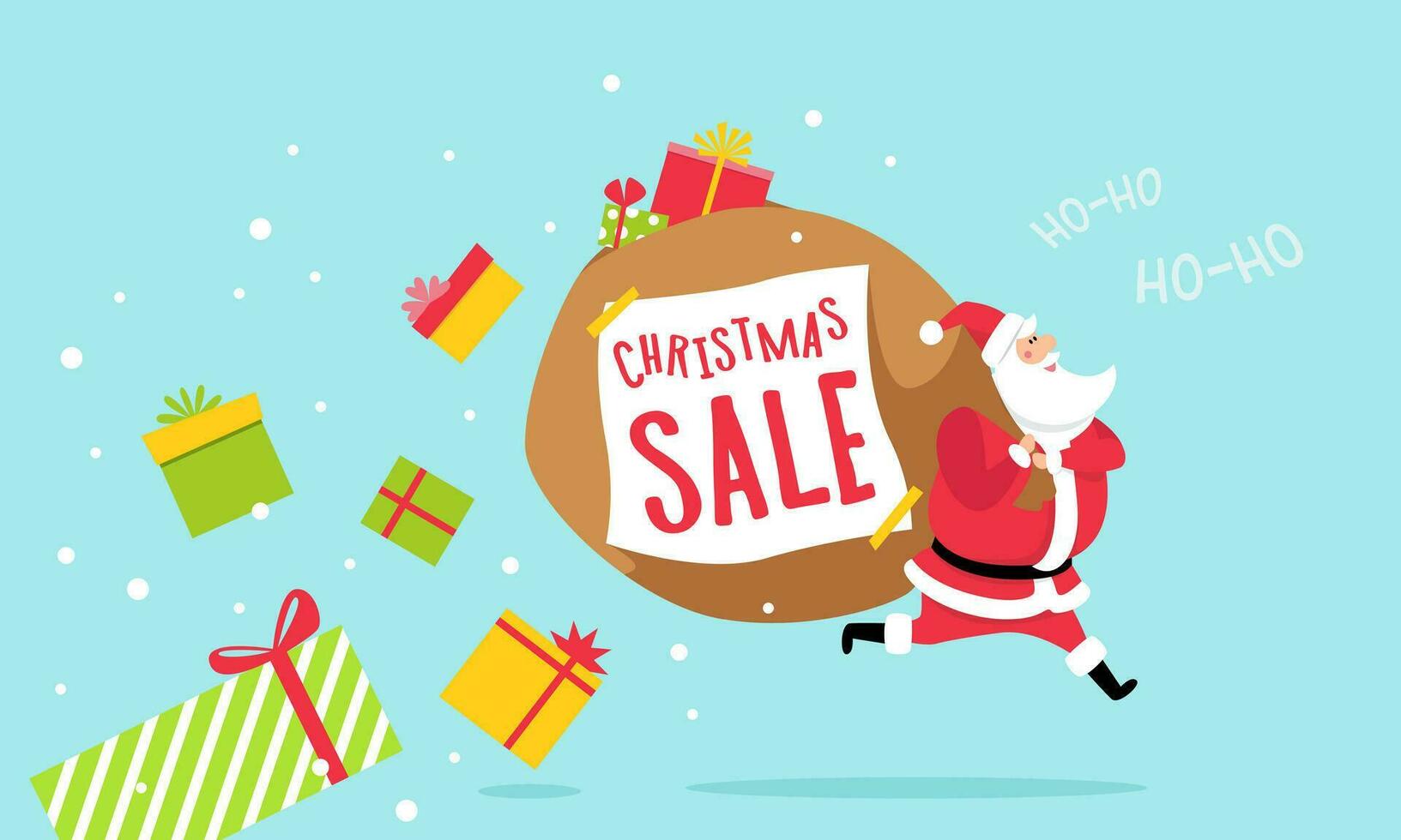 Christmas sale, Santa is in a hurry with a bag of gifts. The concept of New Year and Christmas discounts and sales. Vector flat illustration