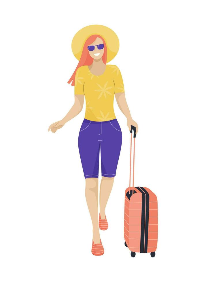 Travel and tourism concept. A woman in a hat walks with a suitcase in her hand. Cartoon vector illustration