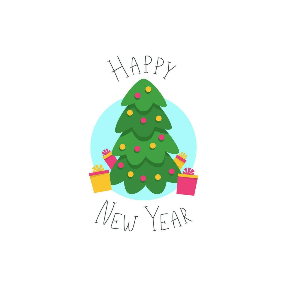 Happy New Year. Postcard. Flat poster. Gifts under the Christmas tree. Vector flat illustration.