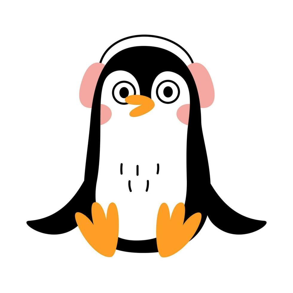 linda pequeño contento pingüino es sentado con auriculares. vector plano ilustración