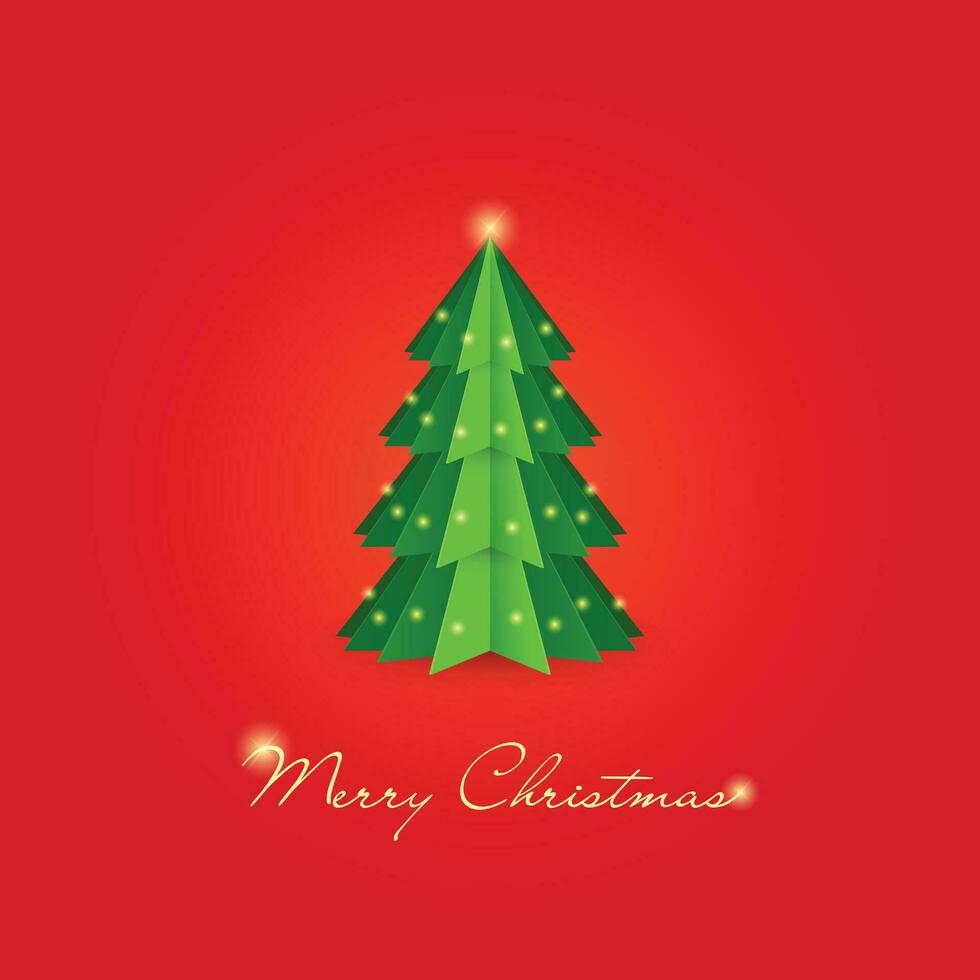 Green origami Christmas tree on red background. Lights, garland, text. For a postcard, flyer, banner. Merry Christmas vector