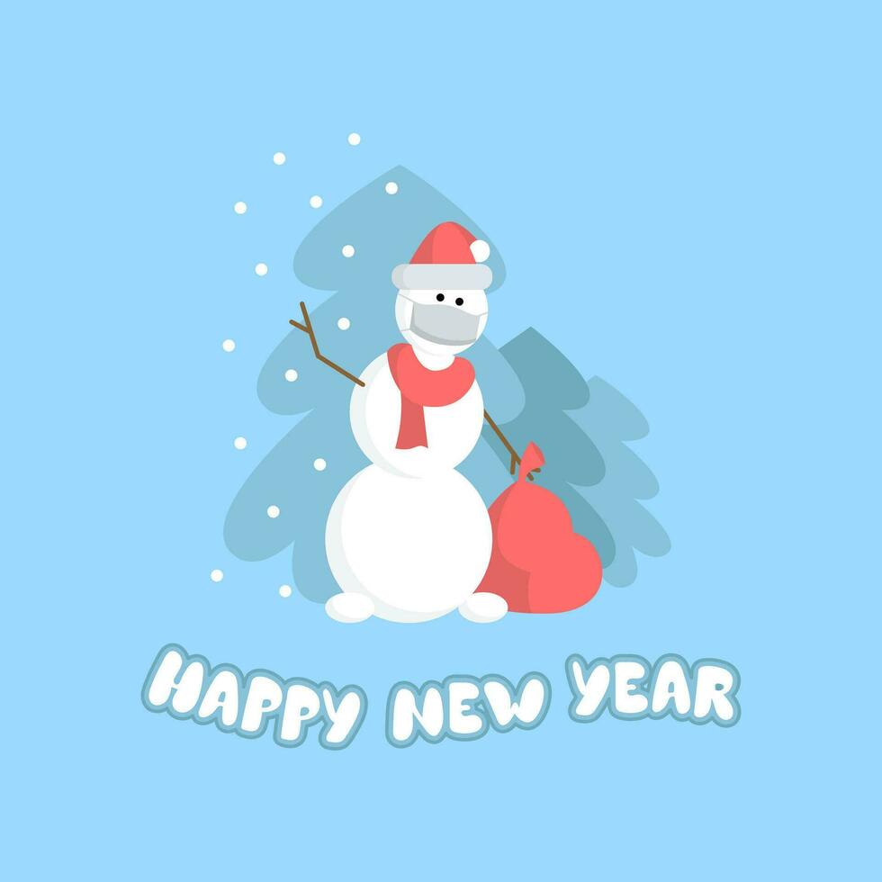 Snowman in a mask with gifts. Snow, Christmas trees, text. New Year. Celebration. Poster. Vector flat illustration.