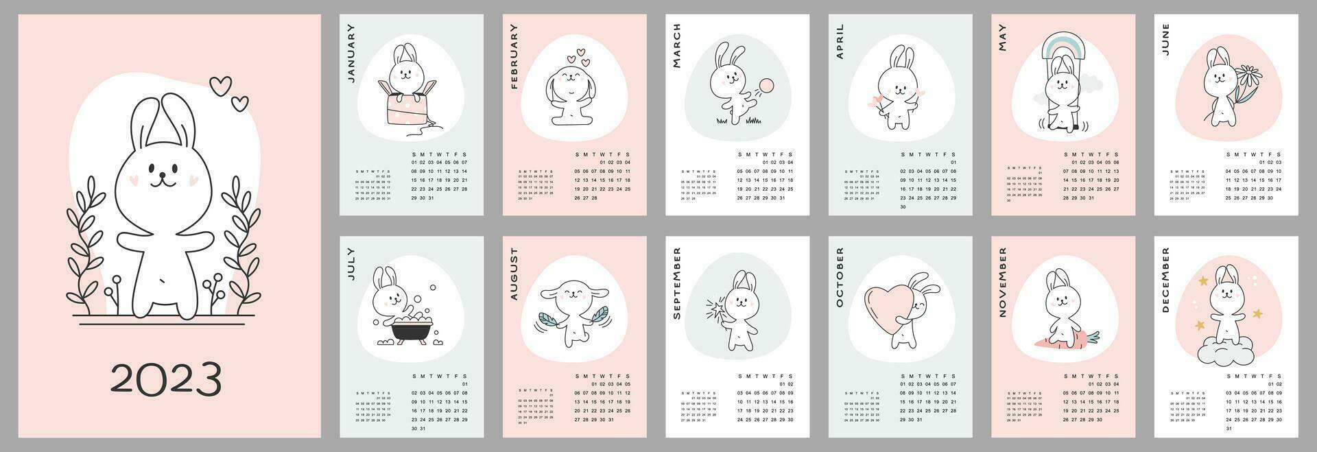 pared calendario diseño modelo para 2023 año de el Conejo. conejito calendario. conjunto para 12 meses. vector imágenes con linda conejos