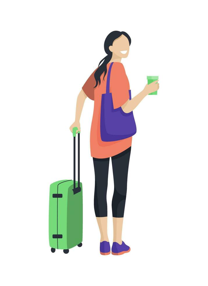 Travel and tourism concept. A woman with a suitcase in her hand. Back view. Cartoon vector illustration