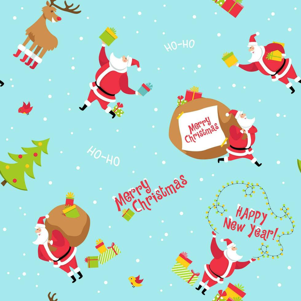 Vector Christmas seamless pattern with Santa Claus, deer, Christmas tree, gifts. Flat style illustration