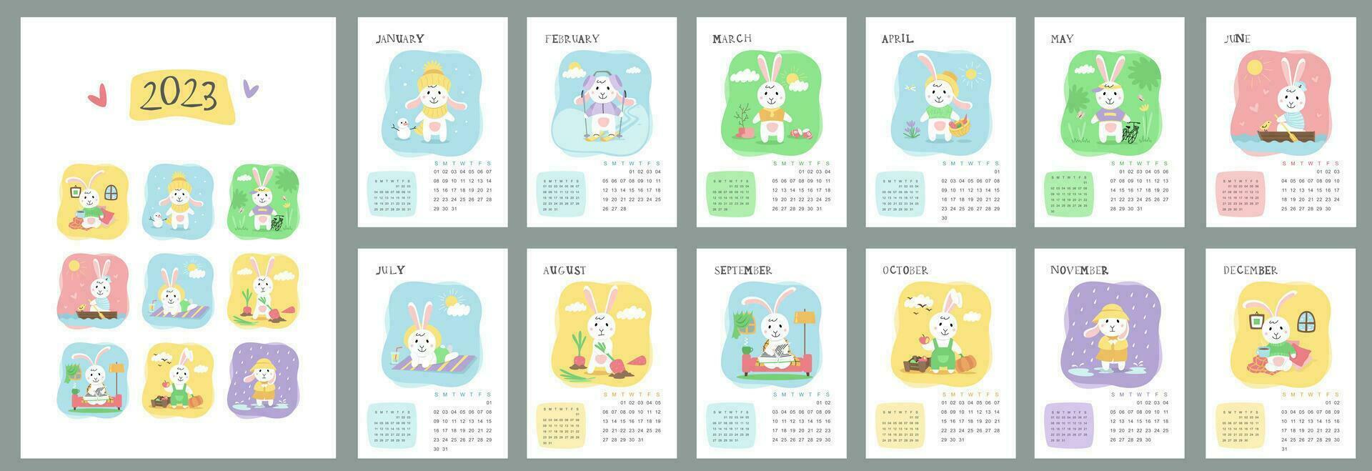 Wall calendar design template for 2023 year of the rabbit. Set for 12 months. Vector images with cute rabbits on a white background