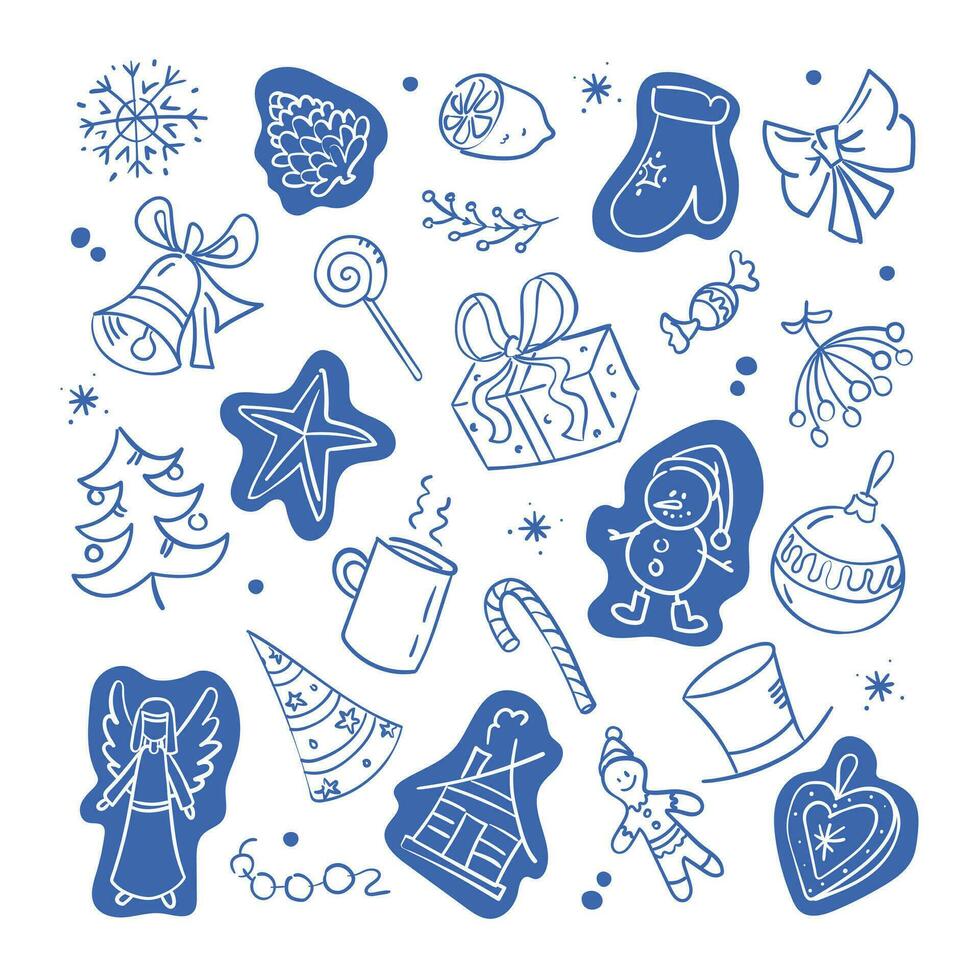 Different objects winter, Christmas, New Year, vector outline