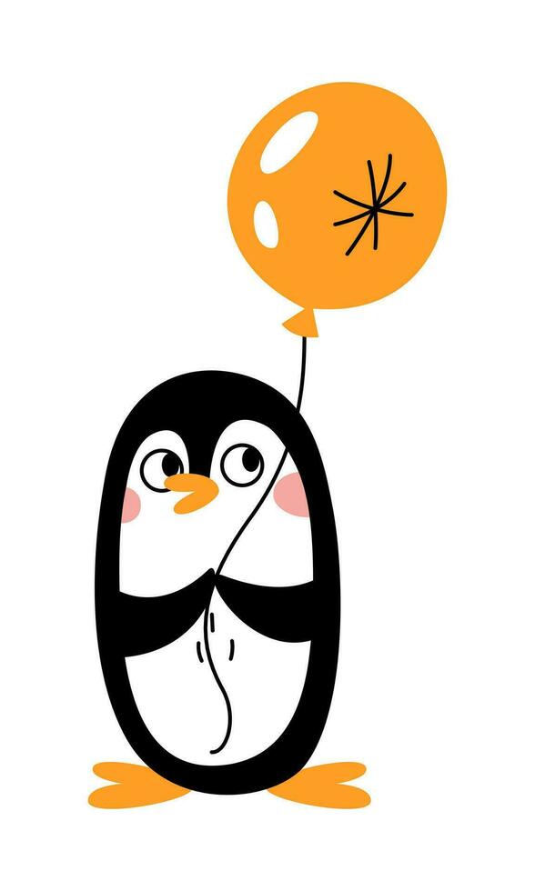 Cute little happy penguin with a balloon. Vector flat illustration