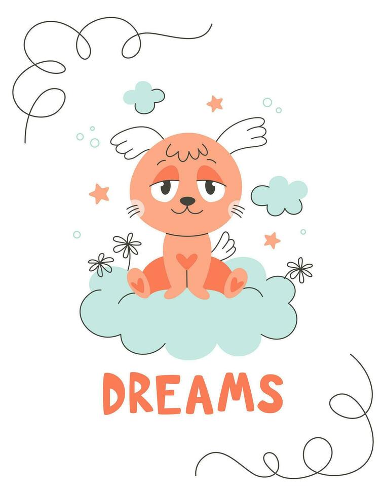 A cute dog with a heart sits on a cloud. Dreams. St. Valentine's Day. Vector line art illustration of animal for greeting card, invitation, print