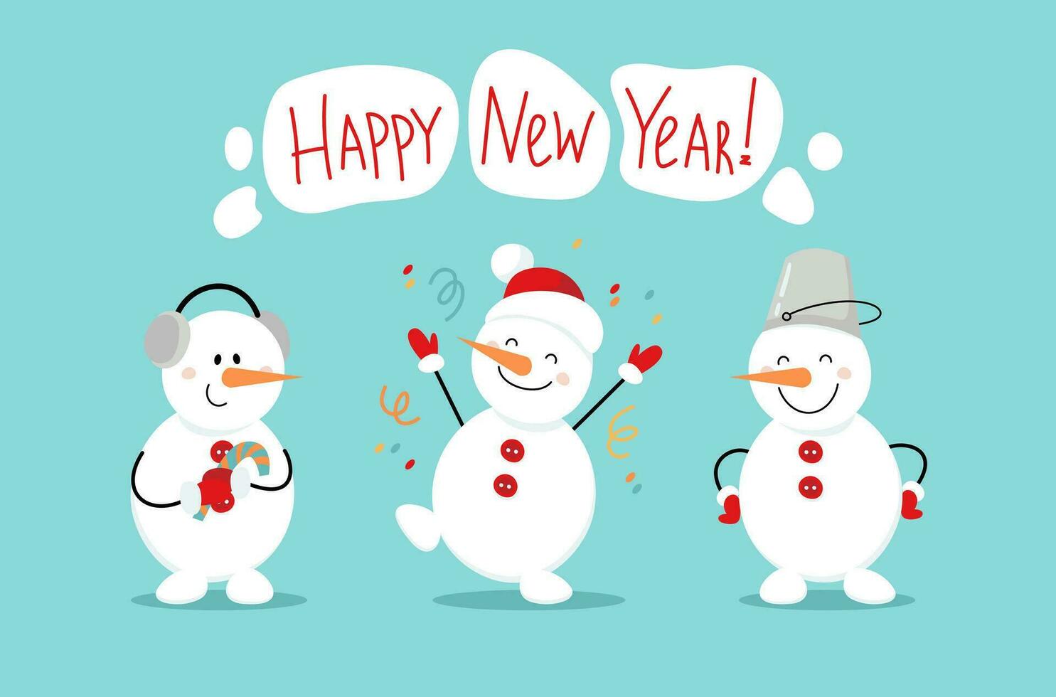 Happy New Year. Cheerful cute snowmen for greeting card, banner, poster. Cartoon vector illustration in flat style.