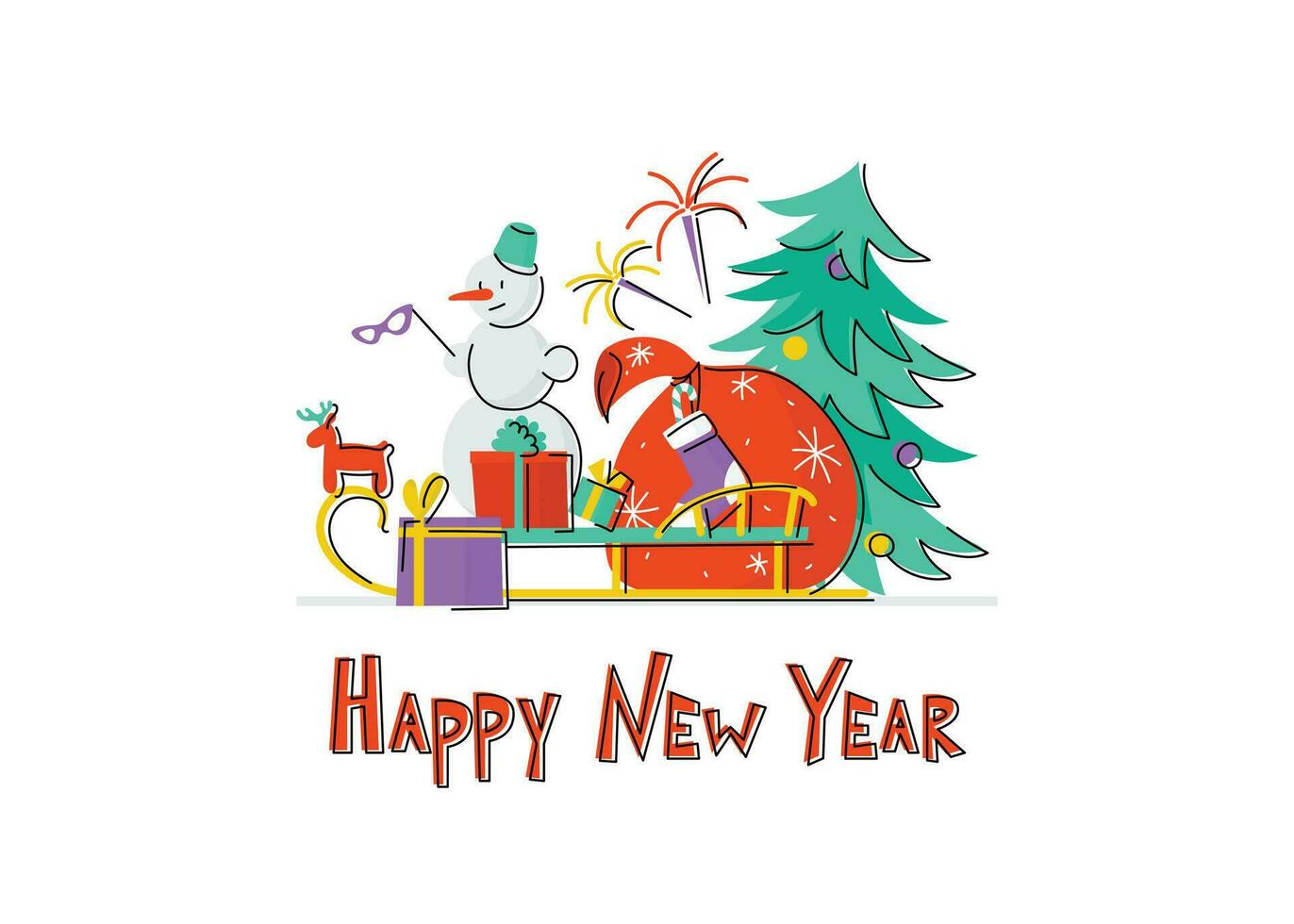 New Year's composition, snowman, sleds, New Year tree, gifts, inscription Happy New Year, firework, decorations. Items for your design, postcard, banner, card, congratulations. Vector. vector