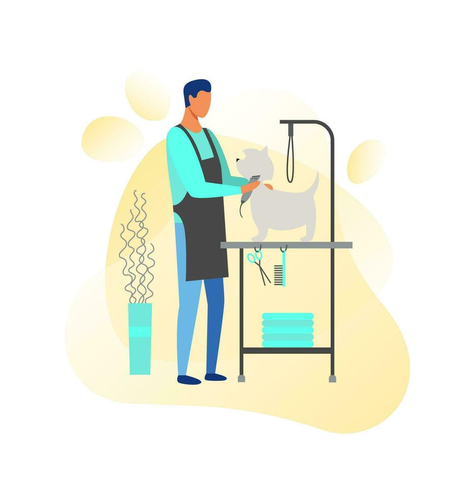 Groomer with a dog. Grooming salon. Service. Love and care for pets. Vector flat illustration isolated on white background.