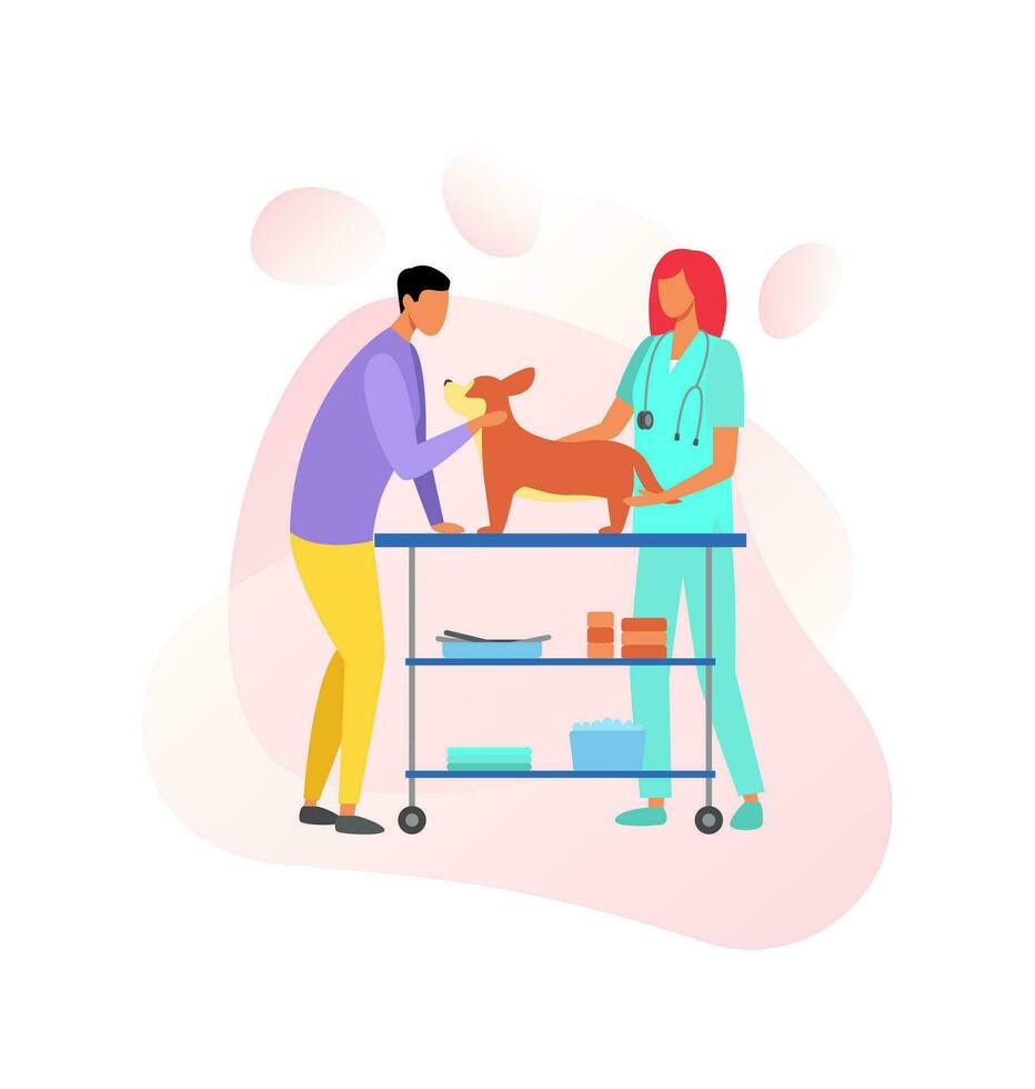 A man with a dog. Veterinary clinic. The veterinarian examines the dog, the owner is nearby. Love and care for pets. Vector flat illustration isolated on white background.