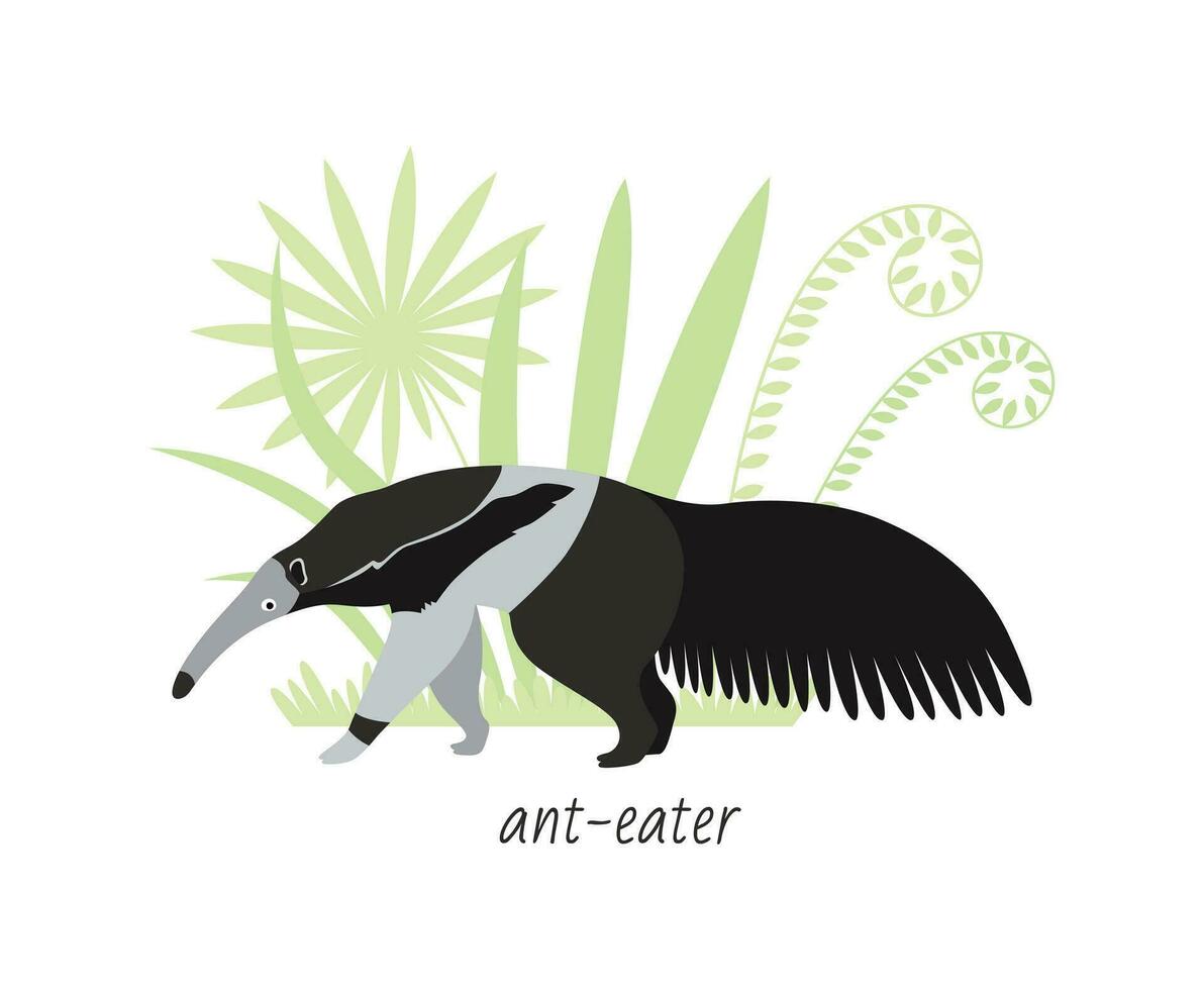 Anteater animal isolated on white background. Tropical plants. Vector flat illustration