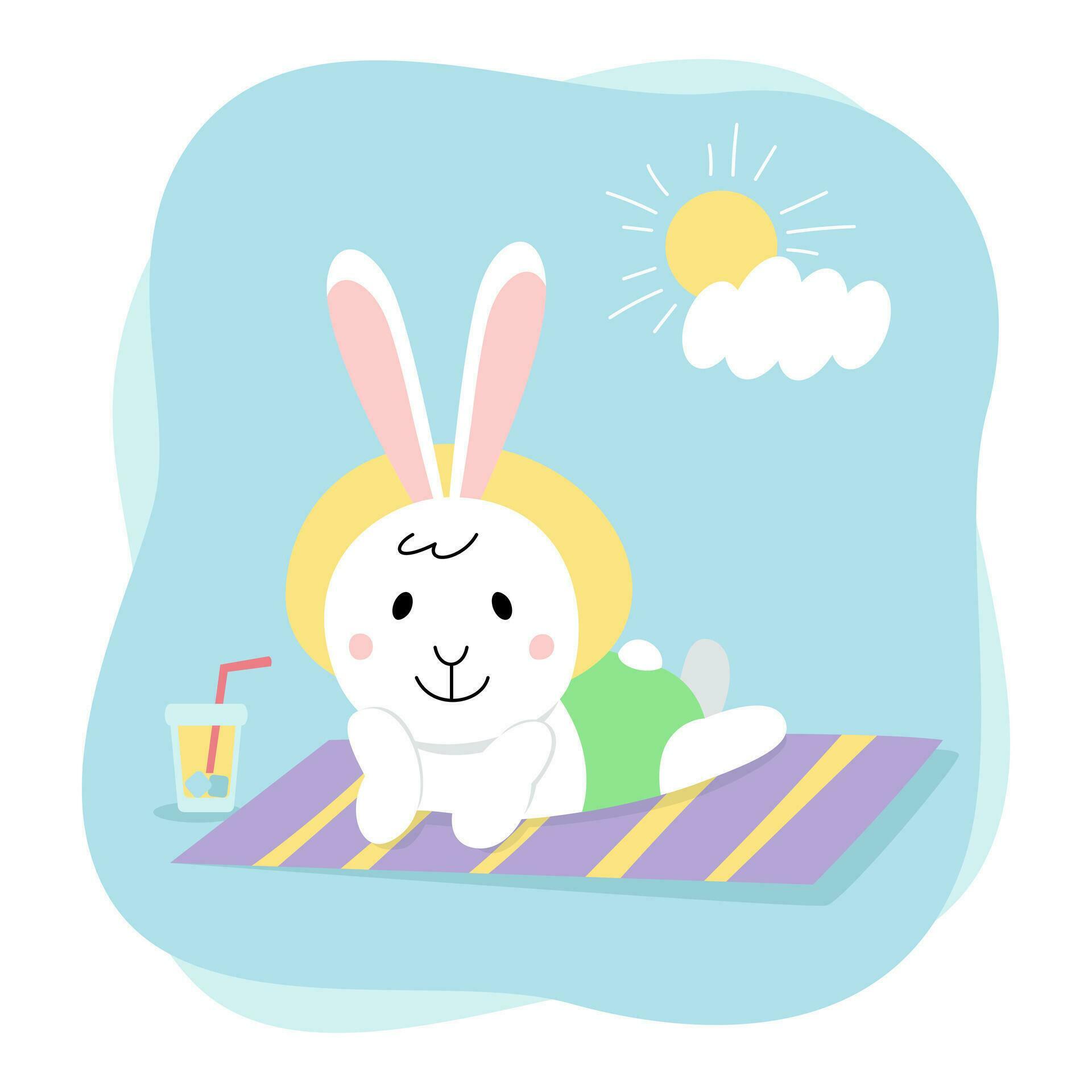Cute rabbit. Bunny is lying on a mat, sunbathing, a cold drink beside