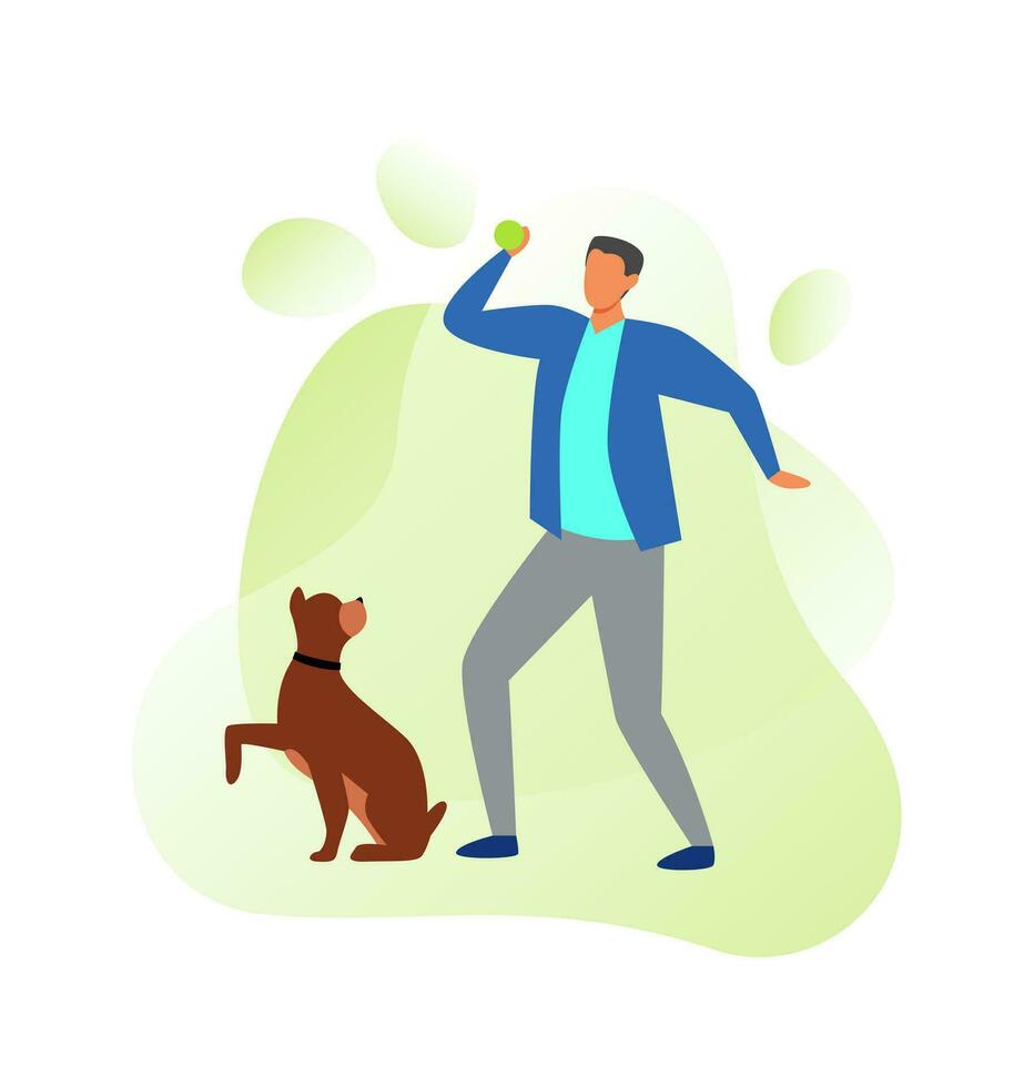 un hombre con un perro. el propietario obras de teatro pelota con el perro. amor y cuidado para mascotas. vector plano ilustración aislado en blanco antecedentes.