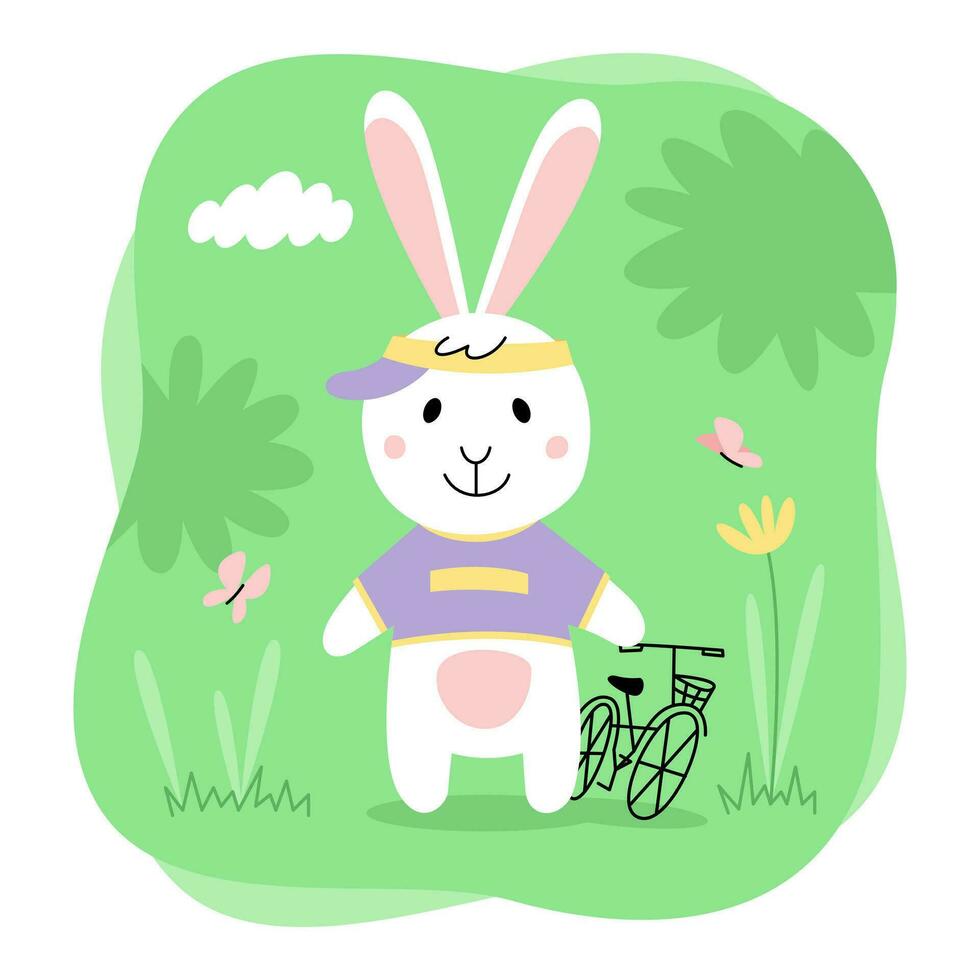 Cute rabbit. Bunny with a bike, butterflies. Cartoon flat illustration isolated on white background vector