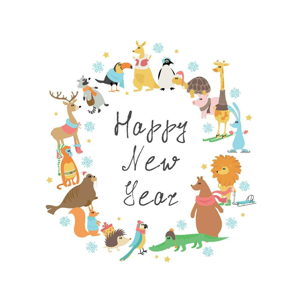 Christmas wreath. Animals are standing around. New Year. Concept for a holiday card, invitation. Vector illustration.