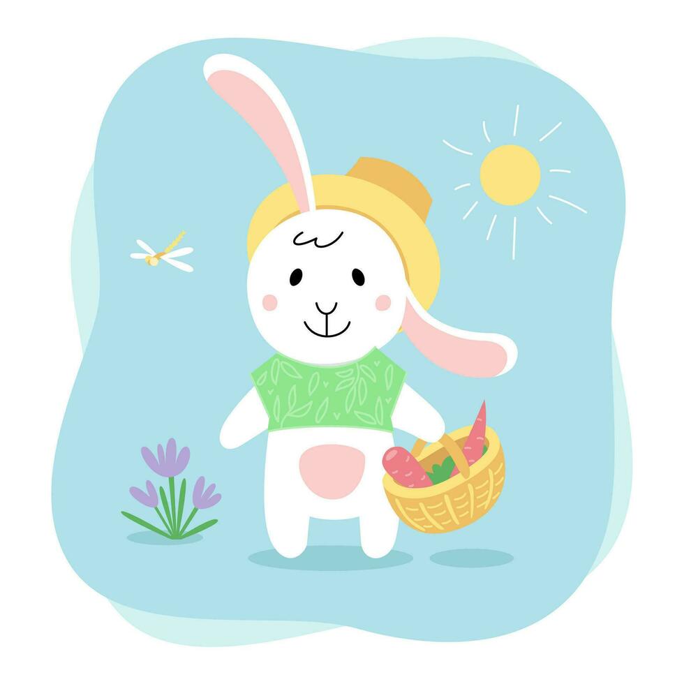 Cute rabbit. Bunny with carrots, sunshine, flowers. Cartoon flat illustration isolated on white background vector