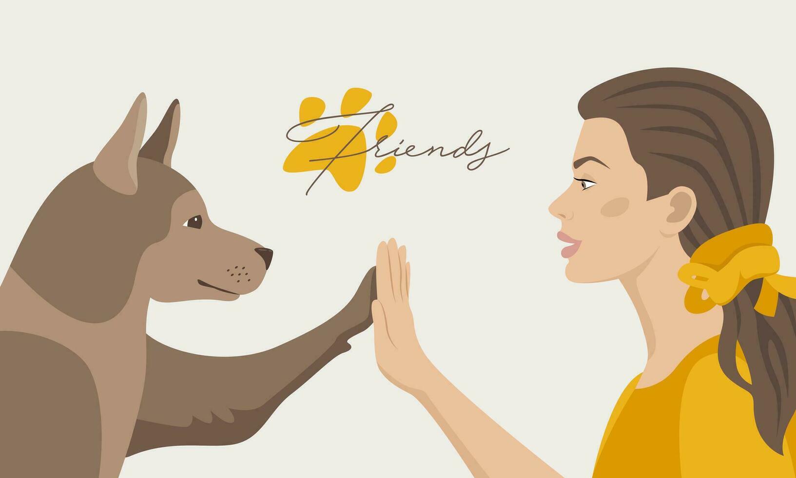 mujer y perro saludo escena. amistad. un persona y su amigo es un perro. alto cinco. vector plano ilustración