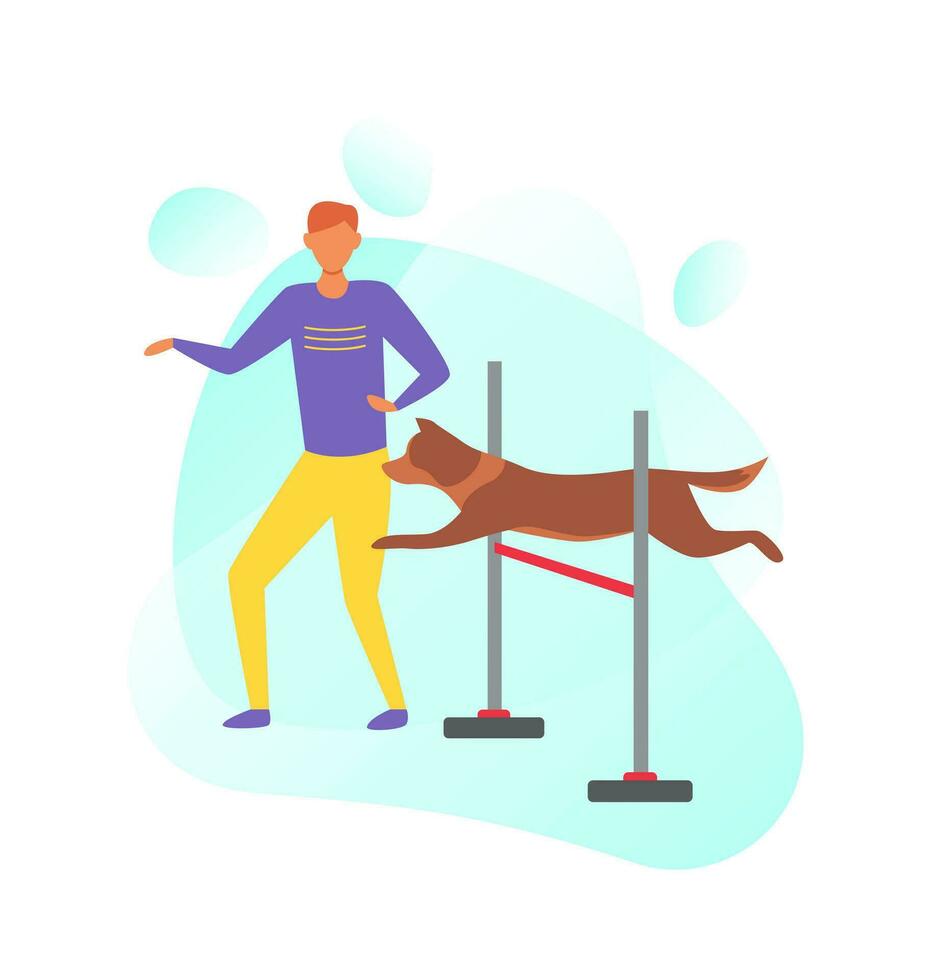 un hombre con un perro. agilidad para perros, Deportes, capacitación. amor y cuidado para mascotas. vector plano ilustración aislado en blanco antecedentes.