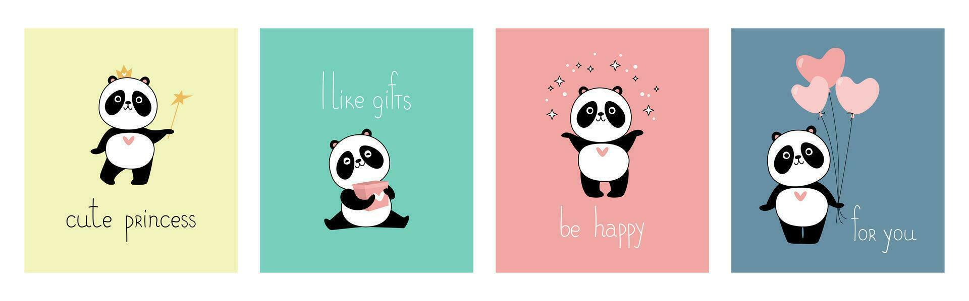Set of cute postcards with panda. Vector flat cartoon illustration