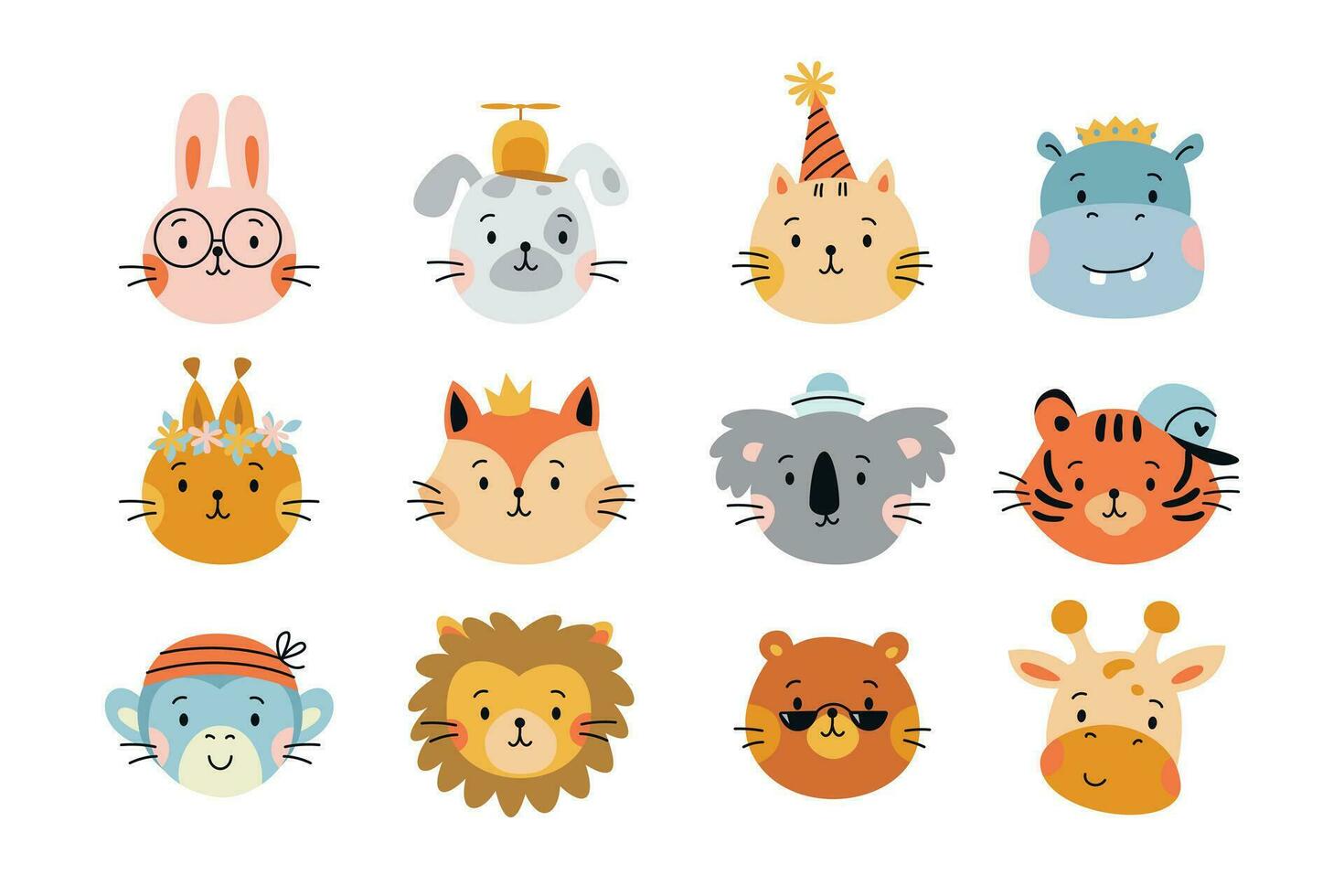 dibujos animados linda animales vector conjunto con animal cabezas león, perro, conejo, oso, ardilla, tigre, gato, zorro, hipopótamo, jirafa, coala, mono.