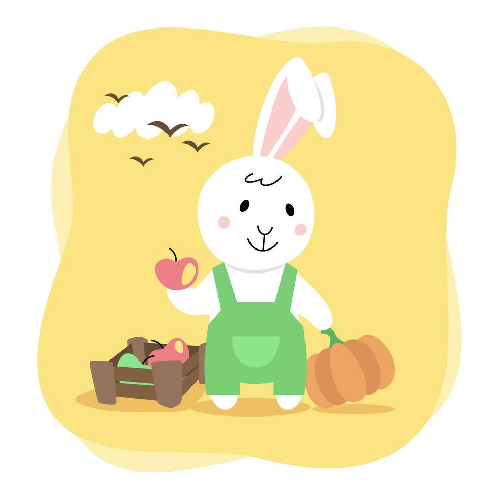 linda Conejo. conejito participación un calabaza y un manzana, un caja de manzanas, cosecha. dibujos animados plano ilustración aislado en blanco antecedentes vector