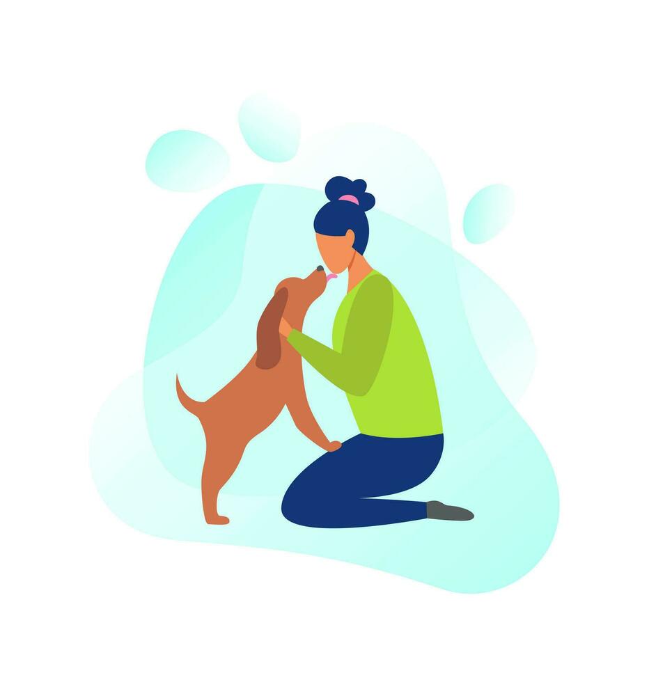 Woman with a dog. The dog licks his face. Love and care for pets. Vector flat illustration isolated on white background.