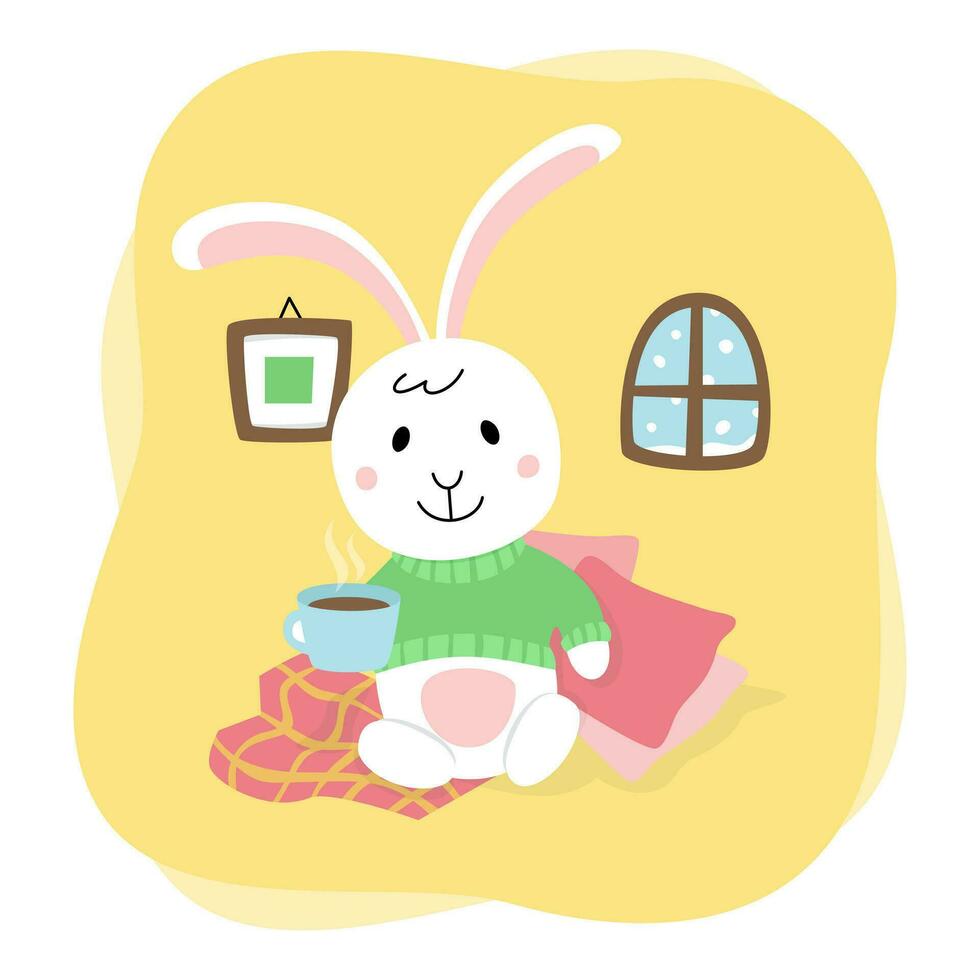 Cute rabbit. Bunny sits in the house and drinks tea. Cozy cartoon flat illustration isolated on white background vector
