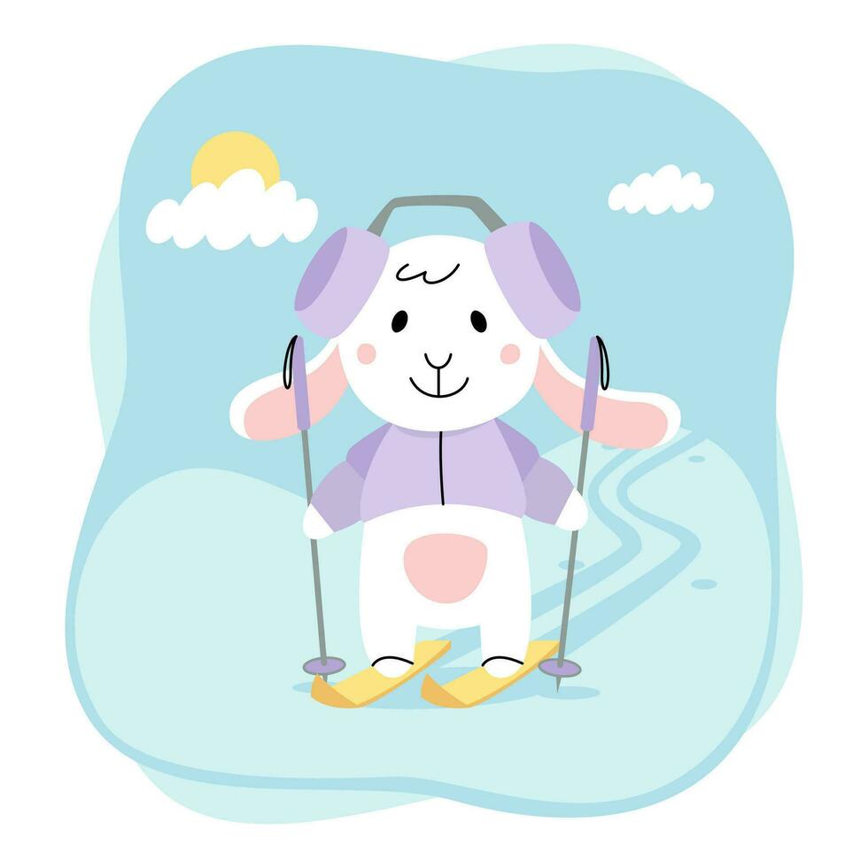 Cute rabbit. Bunny is skiing. Cartoon flat illustration isolated on white background vector