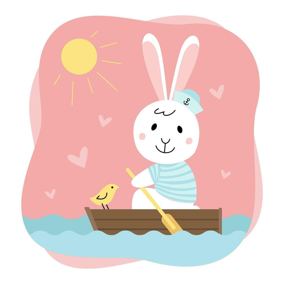 Cute rabbit. Bunny is sailing on a boat, hearts, a bird. Cozy cartoon flat illustration isolated on white background vector